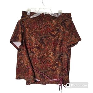 Studio C Red Orange Paisley Midi Skirt Set Button Back Short Belted Top XL